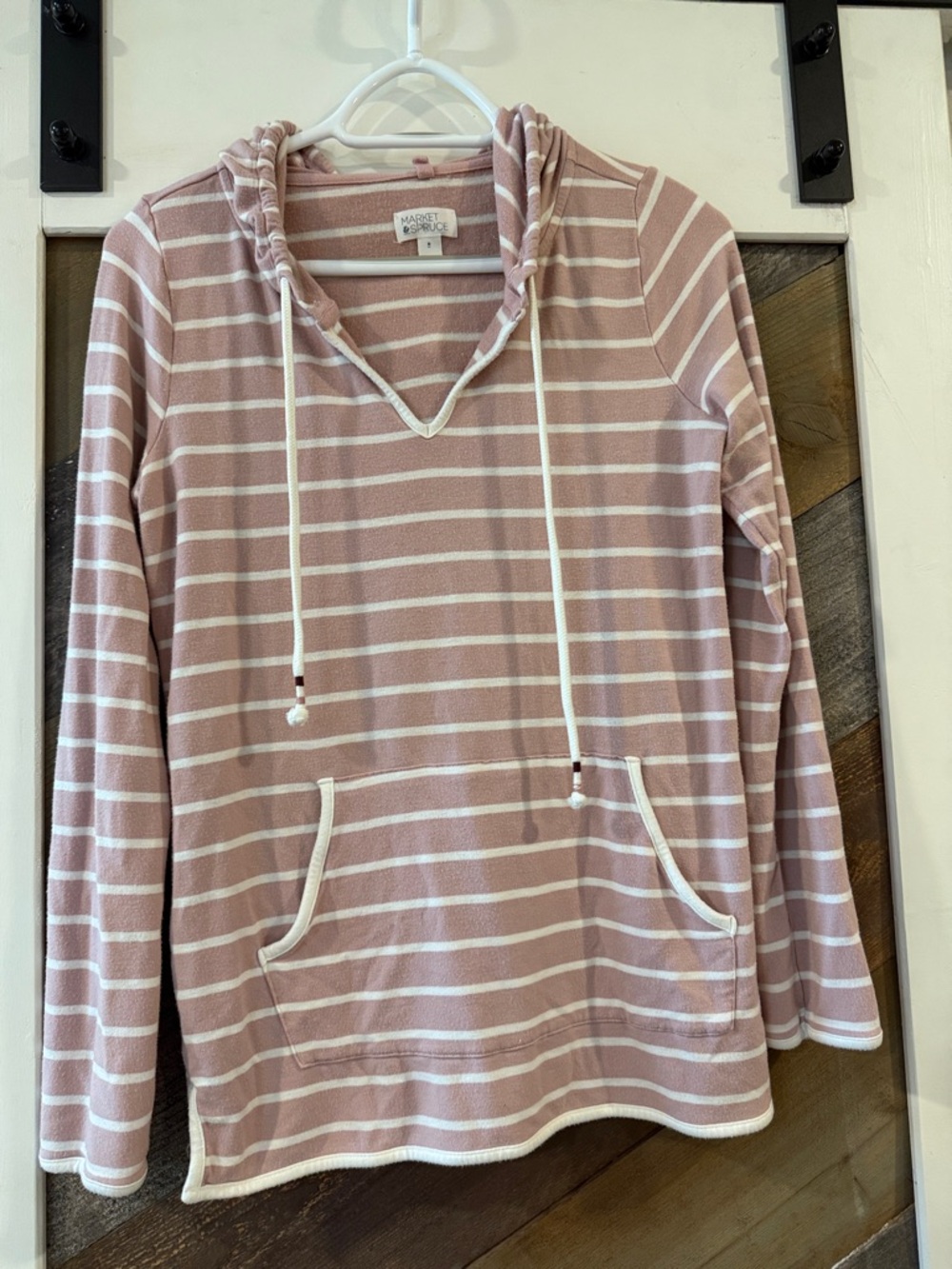 Market & Spruce Dusty Pink and White Striped Hooded Pullover